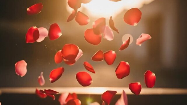 Floating Red Hearts and Petals Romantic Bokeh Background