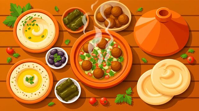 Top view of Arabic Cuisine dishes on the wood table illustration