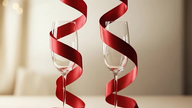 Elegant Wine Glasses with Red Ribbon Romantic Background