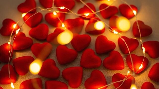 Red Heart Background with Golden Fairy Lights Romantic Animation