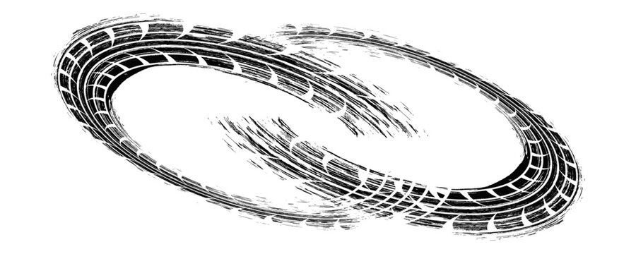 Black tire marks on road, Black rubber tire marks and tread marks, Tire trace track wheels texture and background, Auto tire tread grunge, Car wheel tyre tread track black tyre print, Top view.