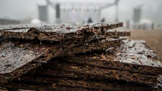 Medium shot of raindampened compostable festival stage materials glistening under droplets the wet texture of the panels in clear focus against a misty background.