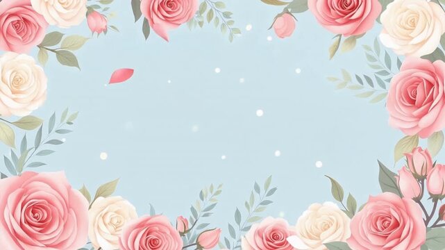 A beautiful floral frame featuring pink and white roses with green foliage on a soft blue background.