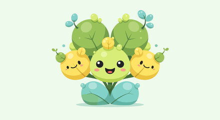 Fototapeta premium Cheerful cartoon broccoli smiling among three bright yellow flowers in a green garden illustration