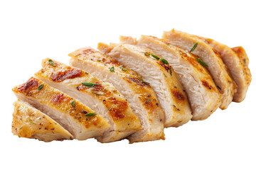 Perfectly grilled chicken breast, thinly sliced, with golden-brown sear and fresh green herbs
