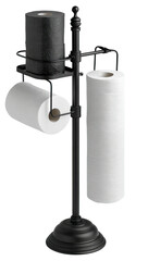 Black metal freestanding dispenser holds white paper towels horizontally, vertically, plus a black roll atop