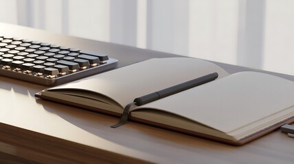 An open notebook and mechanical keyboard rest on a wooden surface