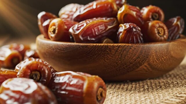 Close-up cinematic shot of fresh dates in a wooden bowl, sun rays illuminating the scene, healthy food concept