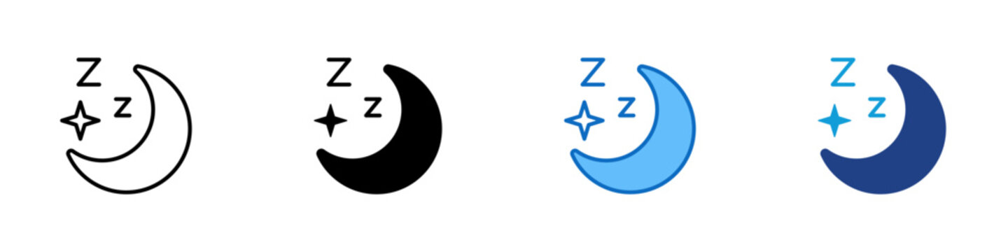 Sleep Mode Multiple Style Icon Design Vector - Crescent moon with sleep marks representing night mode, rest period, and energy saving operation
