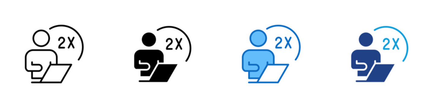 Productivity Boost Multiple Style Icon Design Vector - Person working on laptop with 2x mark representing increased efficiency, accelerated output, and performance improvement