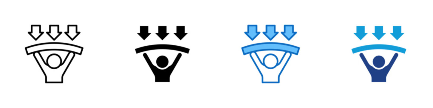 Work Pressure Multiple Style Icon Design Vector - Person under downward arrows and bar representing workload stress, performance pressure, and responsibility burden