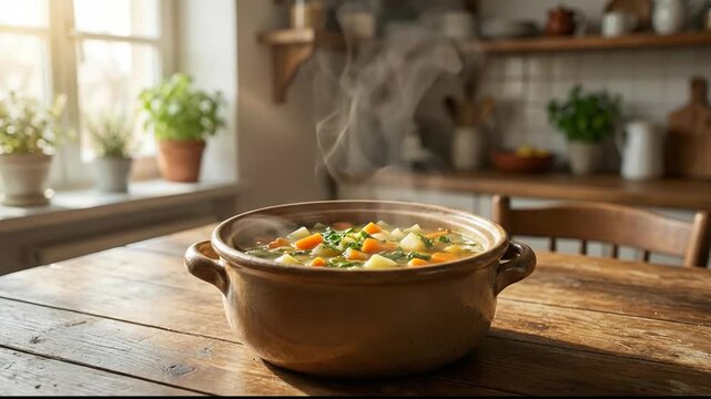 Authentic, lifestyle shot of warm vegetable stew steaming in a pot on a rustic wooden kitchen table.