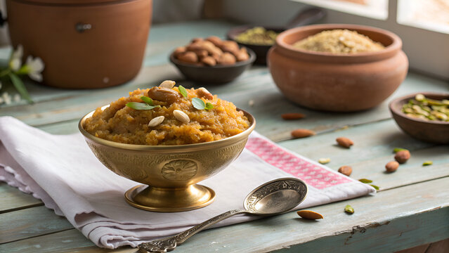 Moong Dal Halwa Dessert in Modern Rustic Setting with Artistic Food Photography