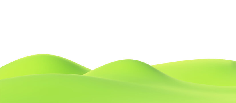 3D green grass hills isolated on a transparent background. Cartoon nature fields with valley and meadow landscape. Backdrop for kids podium, eco projects, spring or summer scenes. Vector bg