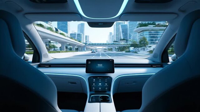 Autonomous vehicle driving on a highway through a futuristic city. Car interior view with a large screen, self-driving technology concept.