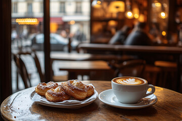 Coffee and pastry at a cozy Parisian cafe.