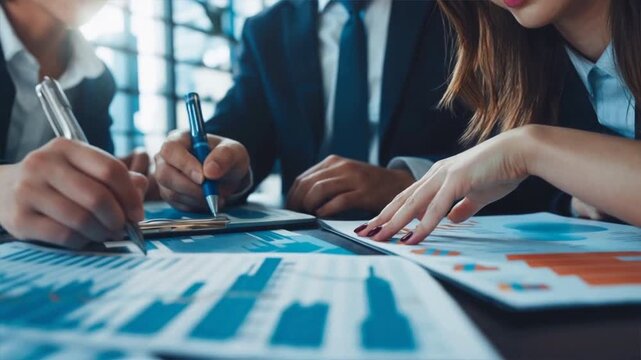 Team collaborating on financial analysis using charts and graphs for effective decision-making in a modern office.