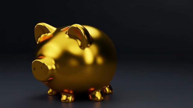 A shiny, gold piggy bank sits on a dark background