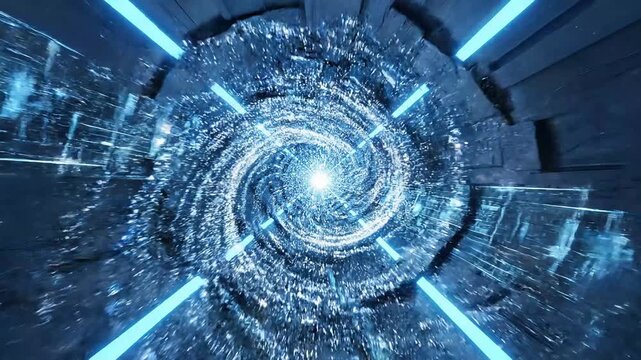 A futuristic blue tunnel with swirling light effects and geometric patterns offers a dynamic portal for travel.