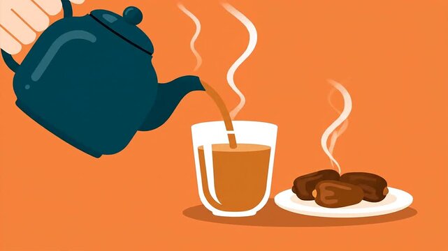 A hand pouring hot chai tea from a teapot into a glass, with dates on a plate, against an orange background.