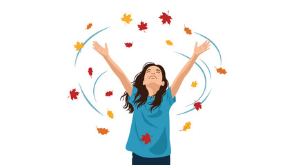 Fototapeta premium Joyful young woman with outstretched arms celebrating the beauty of autumn as colorful fall leaves swirl around her in the air.