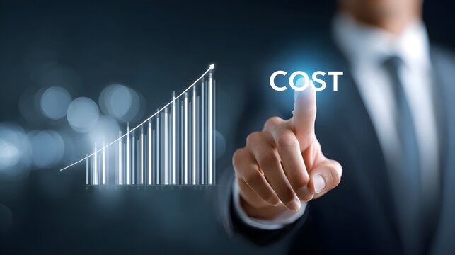 Professional touching glowing  COST  label on digital interface with ascending bar chart representing financial success economic progress