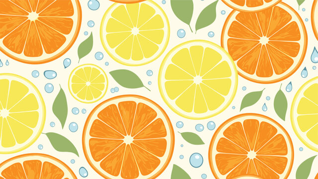 Refreshing seamless pattern featuring bright orange and lemon slices with green leaves and blue water droplets on light background.