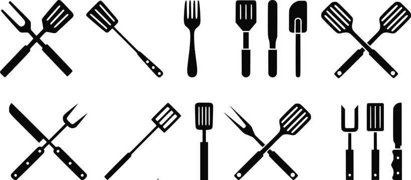 BBQ and Kitchen Utensil Icon Set Vector Illustration for Cooking, Grilling, Restaurant and Food Design