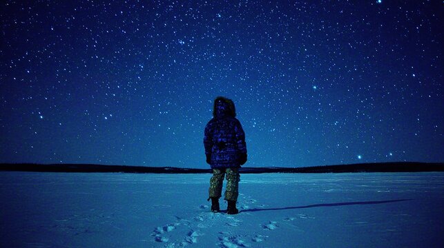 Low-light photography with strong contrast and narrative. Sharp stars against deep blue sky and snow glow outline the explorer's decisive moment