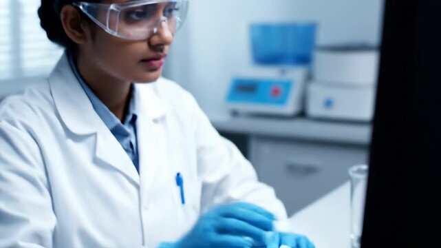 Young indian woman scientist conducting experiment using pipette, handling test tubes, and observing data on computer in laboratory