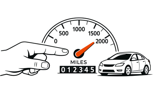 Car mileage illustration with hand pointing at odometer and vehicle silhouette