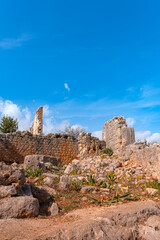 Historic stone ruins located in Mersin, Turkey. The image reflects archaeological heritage, ancient architecture, Mediterranean landscape and cultural tourism with natural light and copy space.