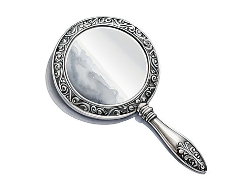 A simple silver mirror with a handle on a white background