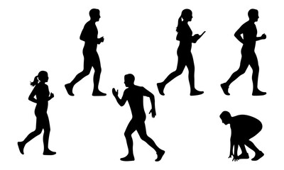 Collection of running and jogging silhouettes isolated on white background