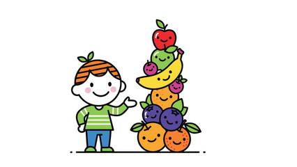 Happy cartoon child with red hair and green shirt, standing beside a tall, cheerful stack of assorted, smiling fruits, promoting healthy eating habits.