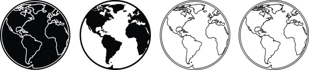 Obraz premium Four globe with varying black and white color schemes outline continents