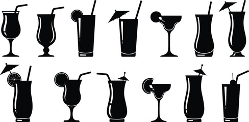 Set of black and white cocktail glasses with straws and garnishes in drink glasses cocktail set drink set