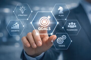 Obraz premium Man interacting with a holographic display showing goals strategy growth teamwork and tasks hand finger