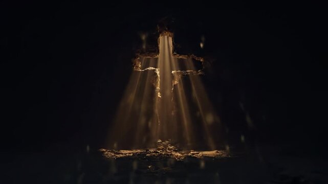 Cross shape glowing with bright light from cracked rocky ground. Golden particles pouring through stone. Divine spiritual hope and faith concept.