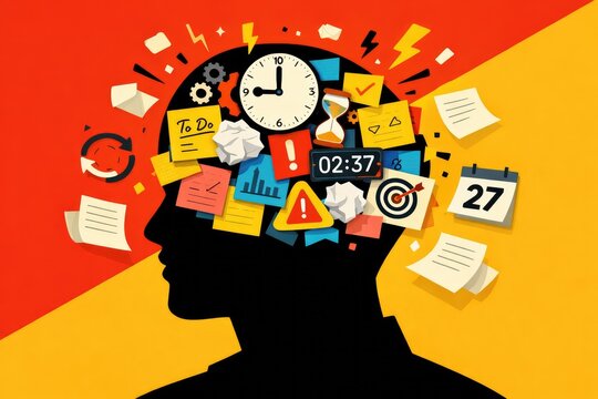 Silhouette of a head filled with tasks and time management symbols head silhouette brain