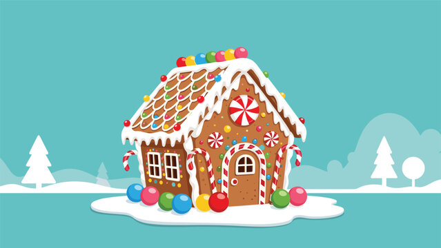 A charming gingerbread house decorated with colorful candies and icing, sitting in a snowy landscape with trees and a blue sky.