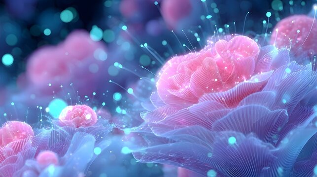 An abstract digital art composition featuring luminous pink and blue alien like flowers with delicate tendrils and glowing cyan particles creating a surreal and futuristic atmosphere