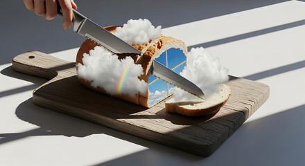 Naklejka premium Slicing a Fluffy Cloud Loaf on Wooden Cutting Board