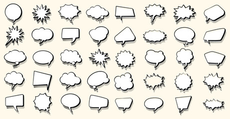 Set of comic style speech bubbles, thought clouds, and burst shapes in black and white. Hand drawn cartoon elements for comics, stickers, UI, social media, and creative designs. © Rahidul