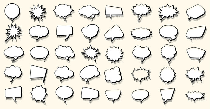 Set of comic style speech bubbles, thought clouds, and burst shapes in black and white. Hand drawn cartoon elements for comics, stickers, UI, social media, and creative designs.