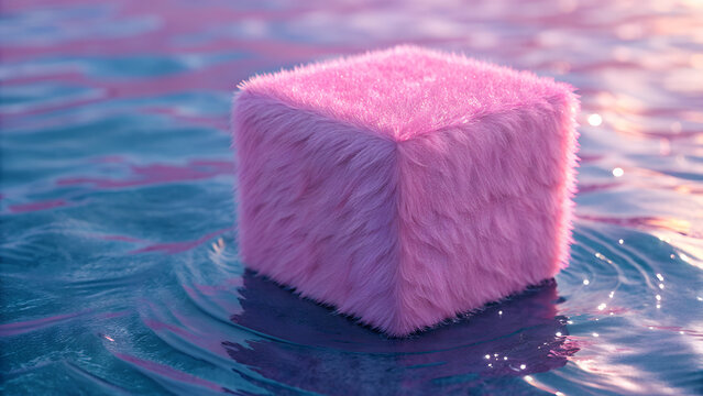 A pink fuzzy cube floats serenely on the surface of calm water with gentle ripples.