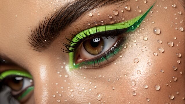 A close-up of a woman's eye with green eyeliner and water droplets on her face