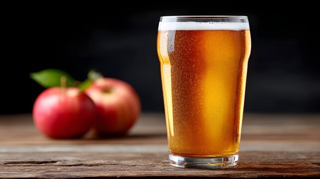 Golden cider in a pint glass showing condensation and bubbles beside fresh red s with a leaf on a textured wooden surface with a dark moody background