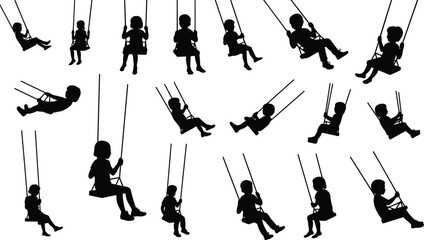 Diverse silhouettes of children joyfully swinging on playground swings showcasing various poses and movements against a clean white background