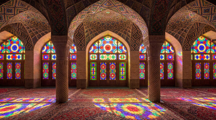 Obraz premium Nasir al-Mulk Mosque Interior Photography: Ornate Stained Glass Windows Casting Colorful Light Patterns on Prayer Rugs, Architectural Marvel for Travel and Culture